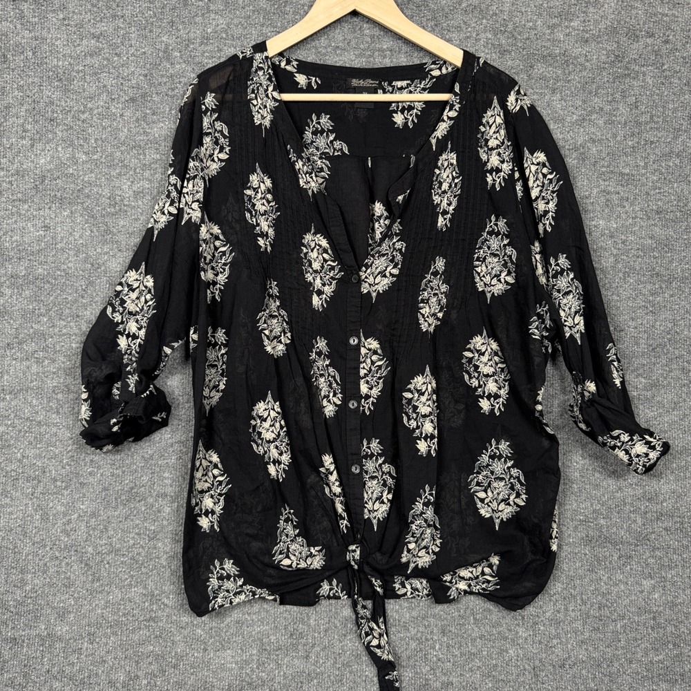 Lucky Brand Plus Size 3X Top Blouse Black Tie Front Roll Tab Sleeves Floral Boho